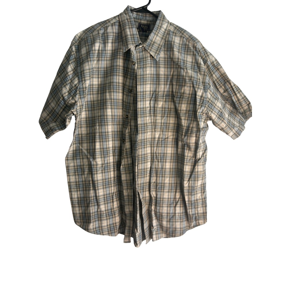 G.H. Bass & Co Mens Large Blue Tan Plaid Cotton Short Sleeve Button Down Shirt